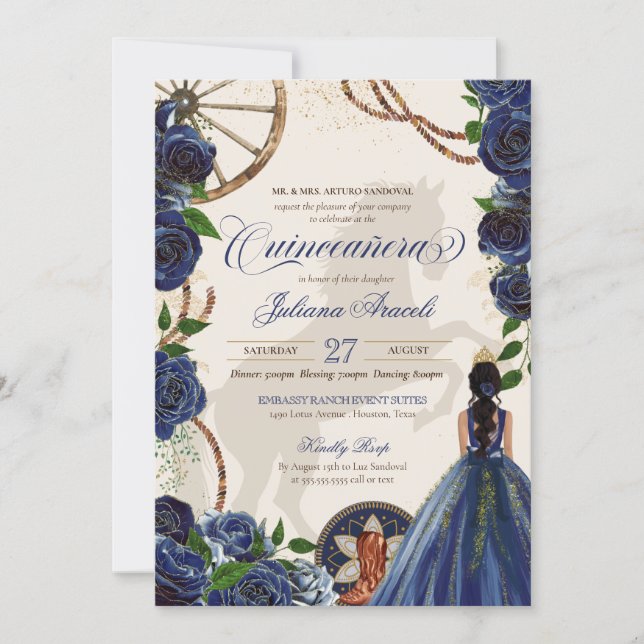 Elegant Charro Blue Rose Western Ranch Quinceanera Invitation (Front)