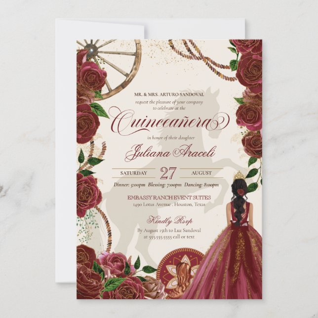 Elegant Charro Burgundy Roses Western Quinceanera  Invitation (Front)