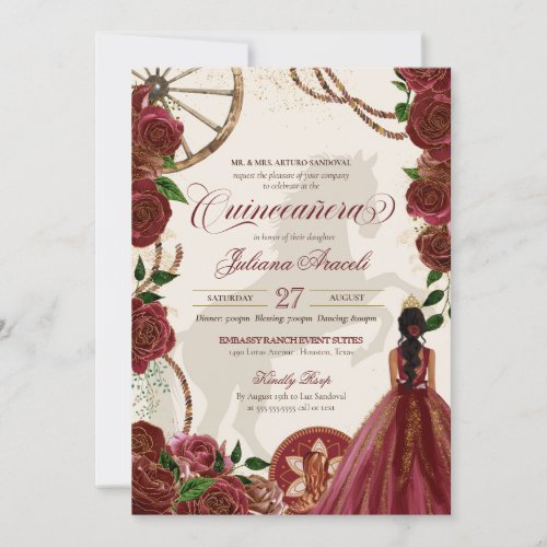 Elegant Charro Burgundy Roses Western Quinceanera  Invitation