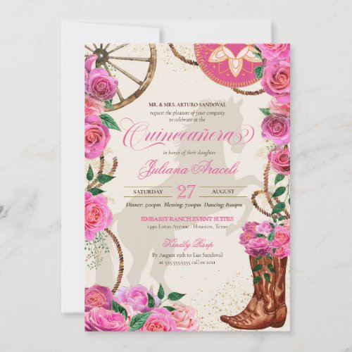 Elegant Charro Pink Rose Western Boots Quinceanera Invitation