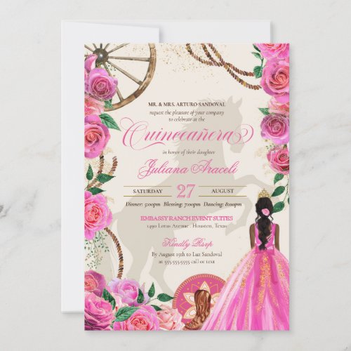 Elegant Charro Pink Rose Western Ranch Quinceanera Invitation