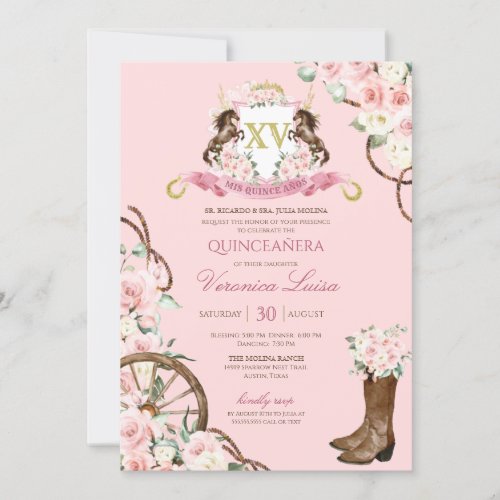 Elegant Charro Quinceanera White Pink Floral Invit Invitation