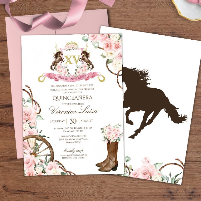 Elegant Charro Quinceanera White Pink Floral Invitation (Creator Uploaded)