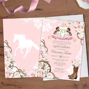 Elegant Charro Quinceanera With Pink Flowers Invitation by PrettyInviting at Zazzle
