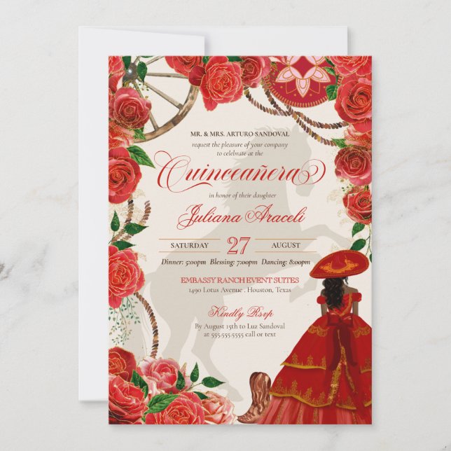 Elegant Charro Red Roses Mariachi Quinceañera Invitation (Front)