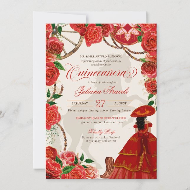 Elegant Charro Red Roses Mariachi Quinceanera Invitation (Front)