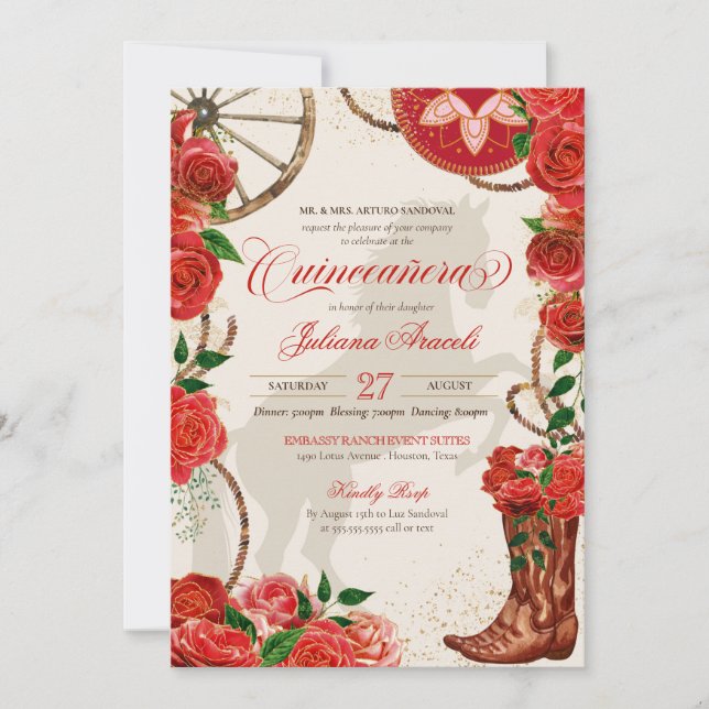 Elegant Charro Red Roses Western Boots Quinceanera Invitation (Front)