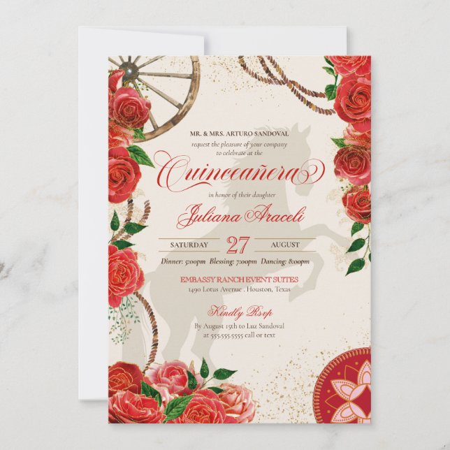 Elegant Charro Red Roses Western Ranch Quinceanera Invitation (Front)