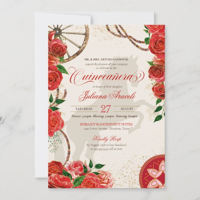 Elegant Charro Red Roses Western Ranch Quinceanera Invitation (Front)