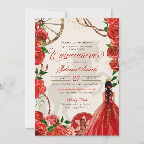 Elegant Charro Red Roses Western Ranch Quinceanera Invitation