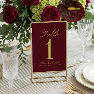 Elegant Chartreuse Burgundy Simple Wedding Table Number