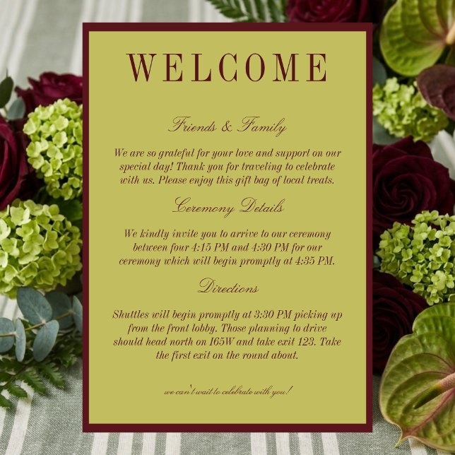 Elegant Chartreuse Burgundy Wedding Welcome Program (Elegant Chartreuse Burgundy Wedding Welcome Program)