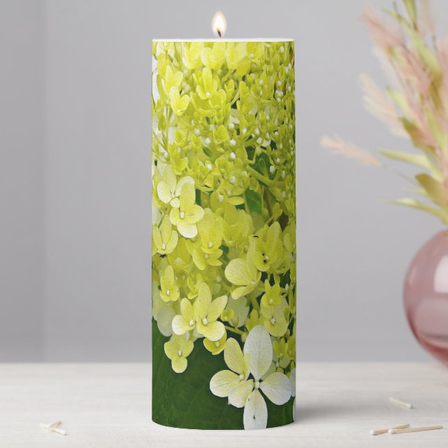Elegant Chartreuse Green Limelight Hydrangea Pillar Candle (In Situ)