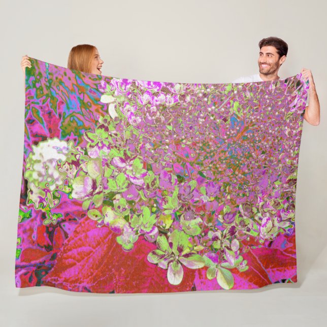 Elegant Chartreuse Green, Pink and Blue Hydrangea Fleece Blanket (In Situ)