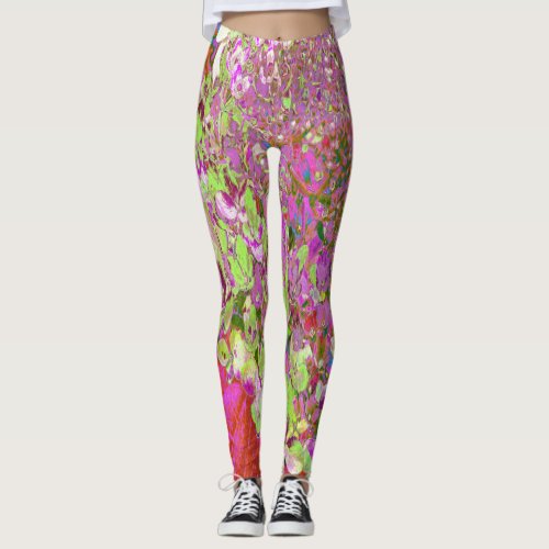 Elegant Chartreuse Green Pink and Blue Hydrangea Leggings