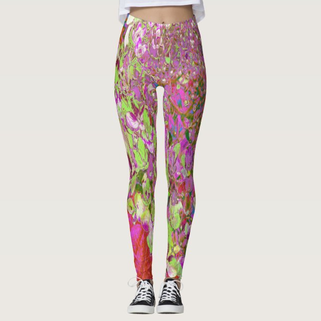 Elegant Chartreuse Green, Pink and Blue Hydrangea Leggings (Front)