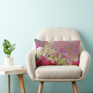 Elegant Chartreuse Green, Pink and Blue Hydrangea Lumbar Pillow