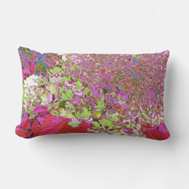 Elegant Chartreuse Green, Pink and Blue Hydrangea Lumbar Pillow (Front)