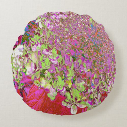 Elegant Chartreuse Green Pink and Blue Hydrangea Round Pillow