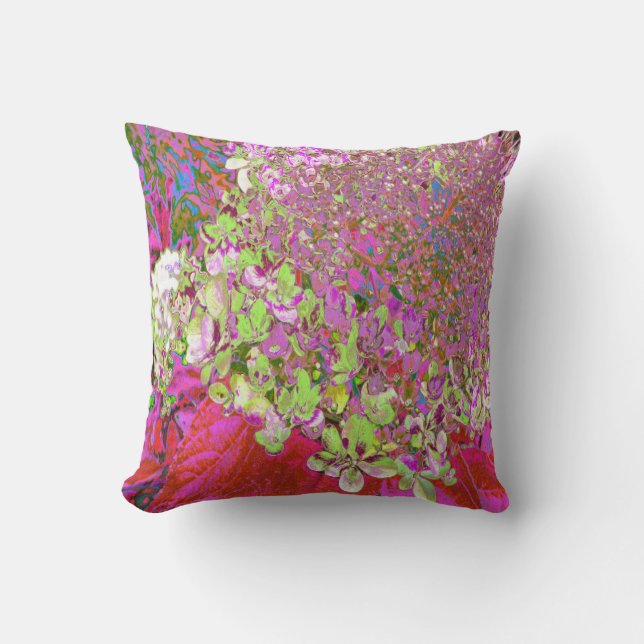 Elegant Chartreuse Green, Pink and Blue Hydrangea Throw Pillow (Front)