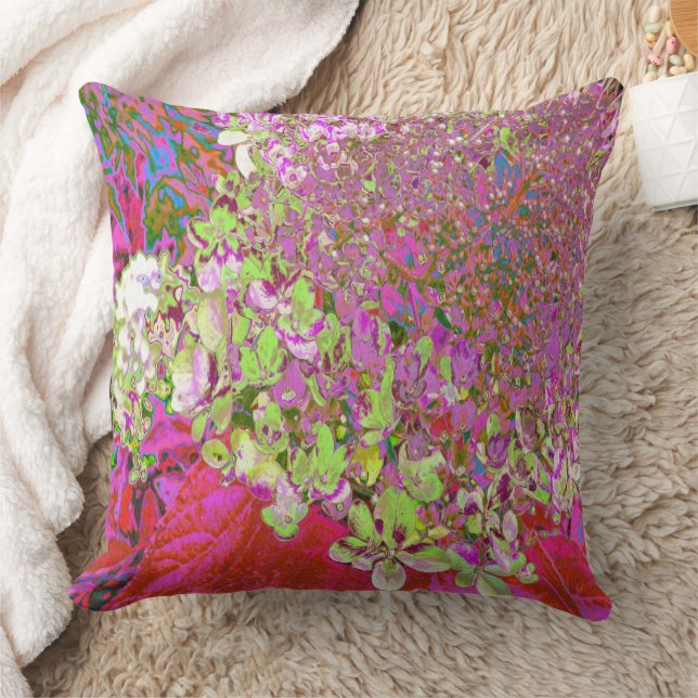 Elegant Chartreuse Green, Pink and Blue Hydrangea Throw Pillow (Blanket)