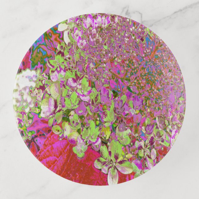 Elegant Chartreuse Green, Pink and Blue Hydrangea Trinket Tray (Front)