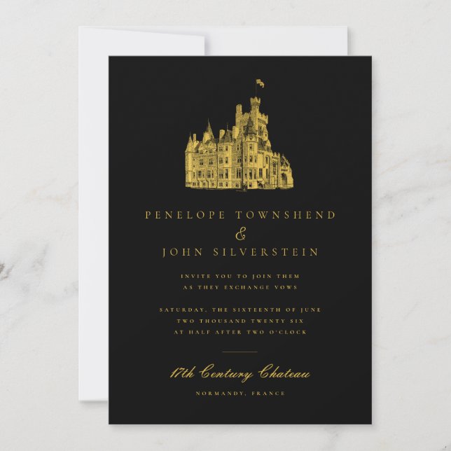 Elegant Château Illustration Black Gold Wedding Invitation (Front)
