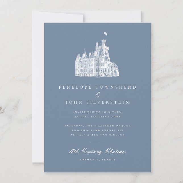 Elegant Château Illustration French Blue Wedding Invitation (Front)