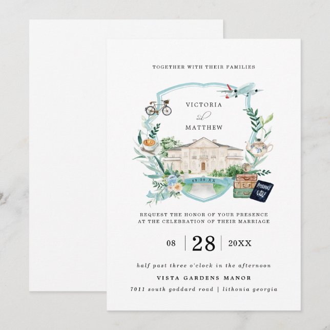 Elegant Chateau Manor | Travel Wedding Crest Invitation (Front/Back)