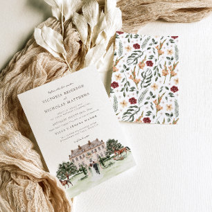 Elegant Chateau Watercolor English Manor Wedding Invitation