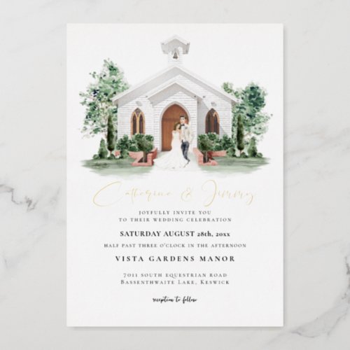 Elegant Chateau  Watercolor Manor Wedding  Foil Invitation