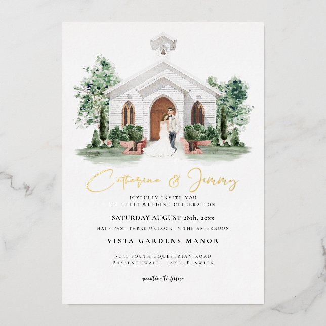 Elegant Chateau | Watercolor Manor Wedding  Foil Invitation (Front)