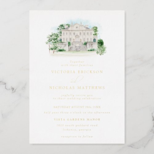 Elegant Chateau  Watercolor Manor Wedding  Foil Invitation