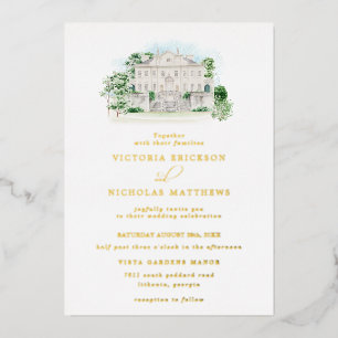 Elegant Chateau Watercolor Manor Wedding Foil Invitation