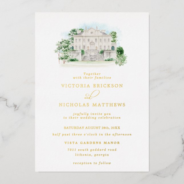 Elegant Chateau | Watercolor Manor Wedding  Foil Invitation (Front)