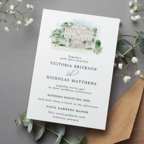 Elegant Chateau  Watercolor Manor Wedding Invitation