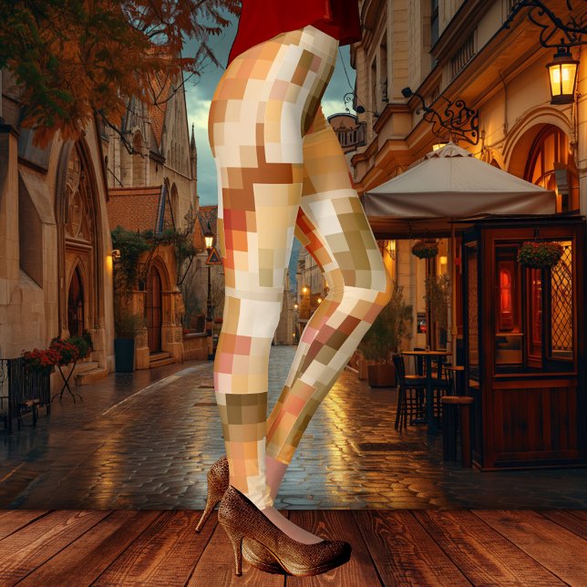 Elegant Checkered Abstract Fantasy Designer Leggings (Modern design leggings featuring an original abstract checkered pattern in warm autumn colors)