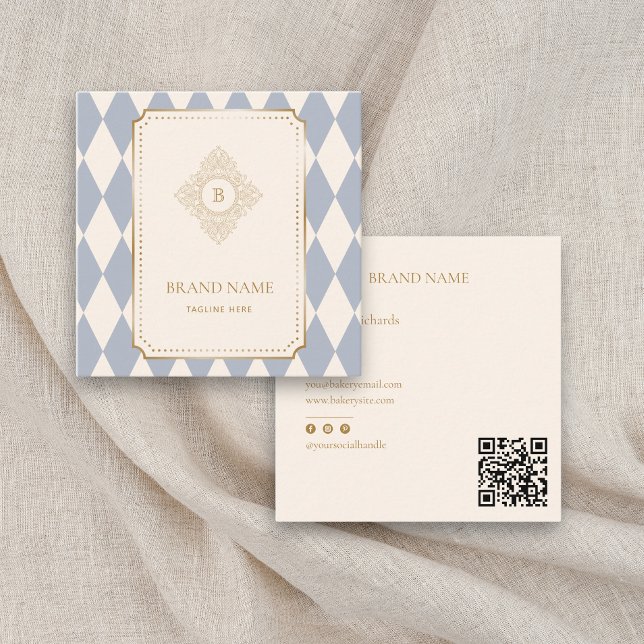 Elegant Checkered Diamond Gold Accent QR Brand Square Business Card (Creator Uploaded)
