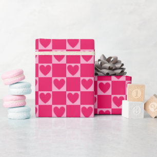 Elegant Checkered Hearts Raspberry Pink Red Wrapping Paper