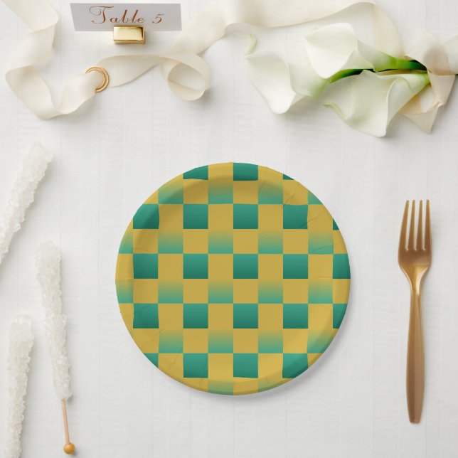 Elegant checkered pattern in green and gold  paper plates (Wedding)