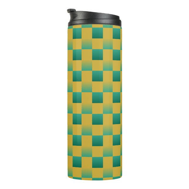 Elegant checkered pattern in green and gold  thermal tumbler (Rotated Right)
