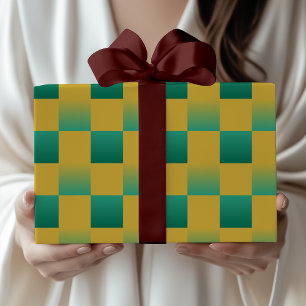 Elegant checkered pattern in green and gold  wrapping paper