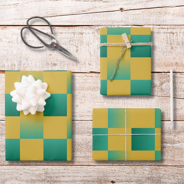 Elegant checkered pattern in green and gold  wrapping paper sheets (Creator Uploaded)