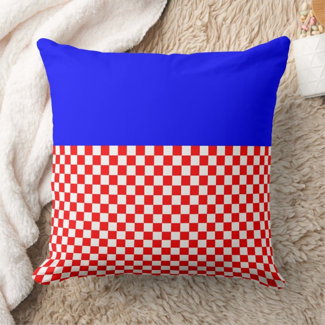Elegant Checkered Pattern Red White and Blue Throw Pillow (Blanket)