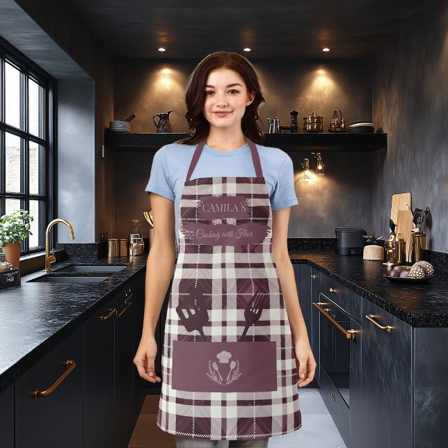 Elegant Checkered Plaid in Burgundy Cooking tools Apron (Creator Uploaded)