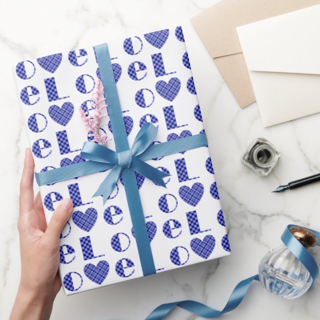 Elegant Checkered Royal Blue Love Hearts Pattern Wrapping Paper (Gifting)