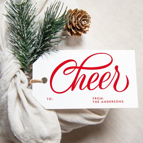 Elegant Cheer Red Script Christmas Holiday Gift Tags