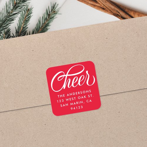 Elegant Cheer Script Christmas Return Address Red Square Sticker