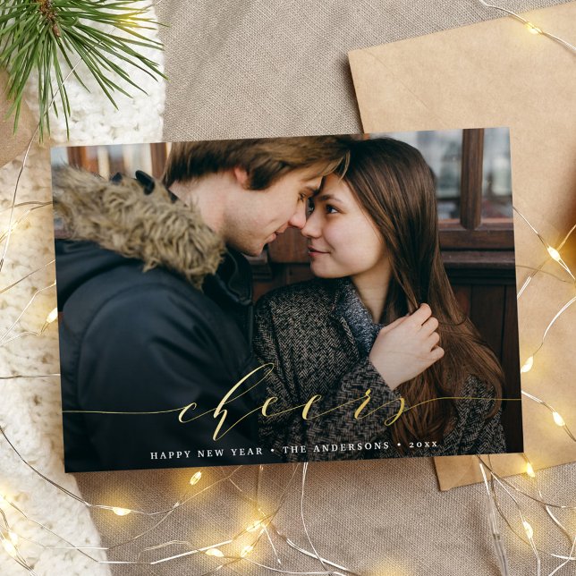 Elegant Cheer Script Photo New Year Foil Holiday Card (Creator Uploaded)