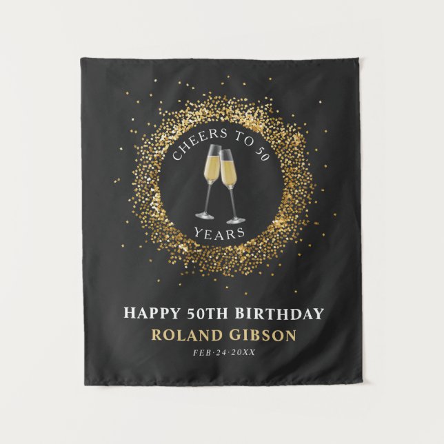 Elegant Cheers Black and Gold Birthday Backdrop (Front)